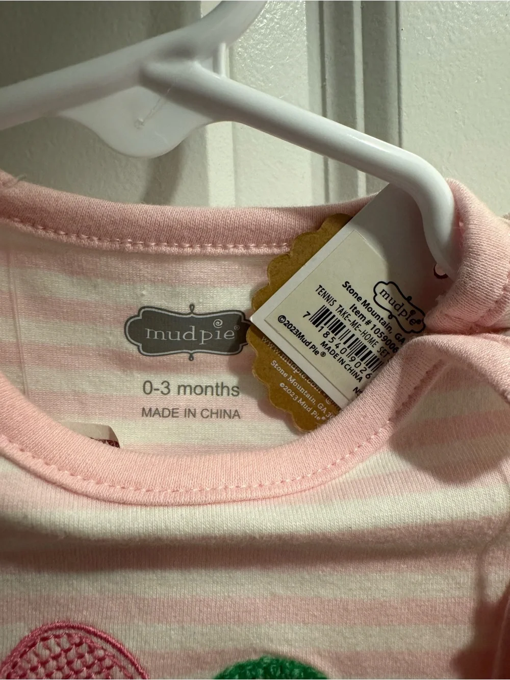 Mud Pie Pink Striped Baby Gown with Tennis Racket Appliqué
